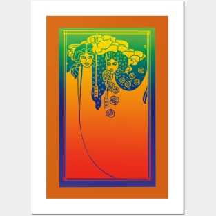 Art Nouveau Ladies (orange on blue/green) Posters and Art